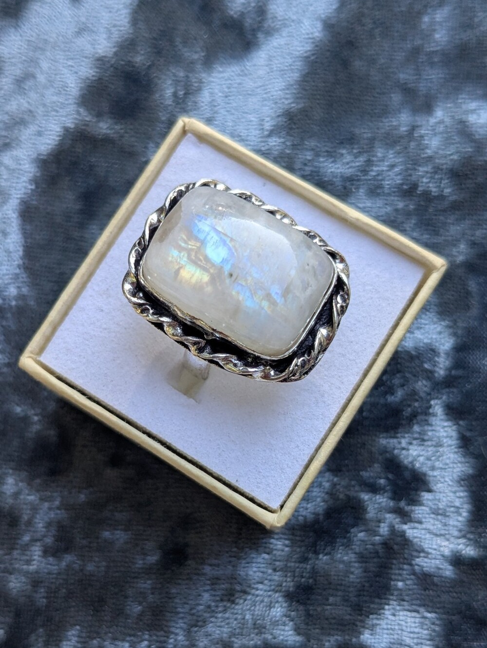 Handcrafted Rare Rainbow Moonstone Ring w/Blue & Yellow Flash (7.25)
